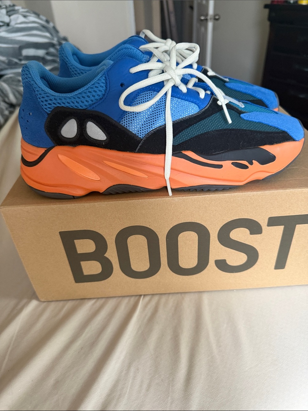 Yeezy Boost  Blue & Orange Athletic Sneakers - Brand: adidas (Yeezy Boost style)